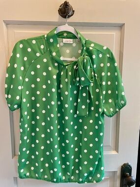 New York & Company Green and White Polka Dot Bow Blouse